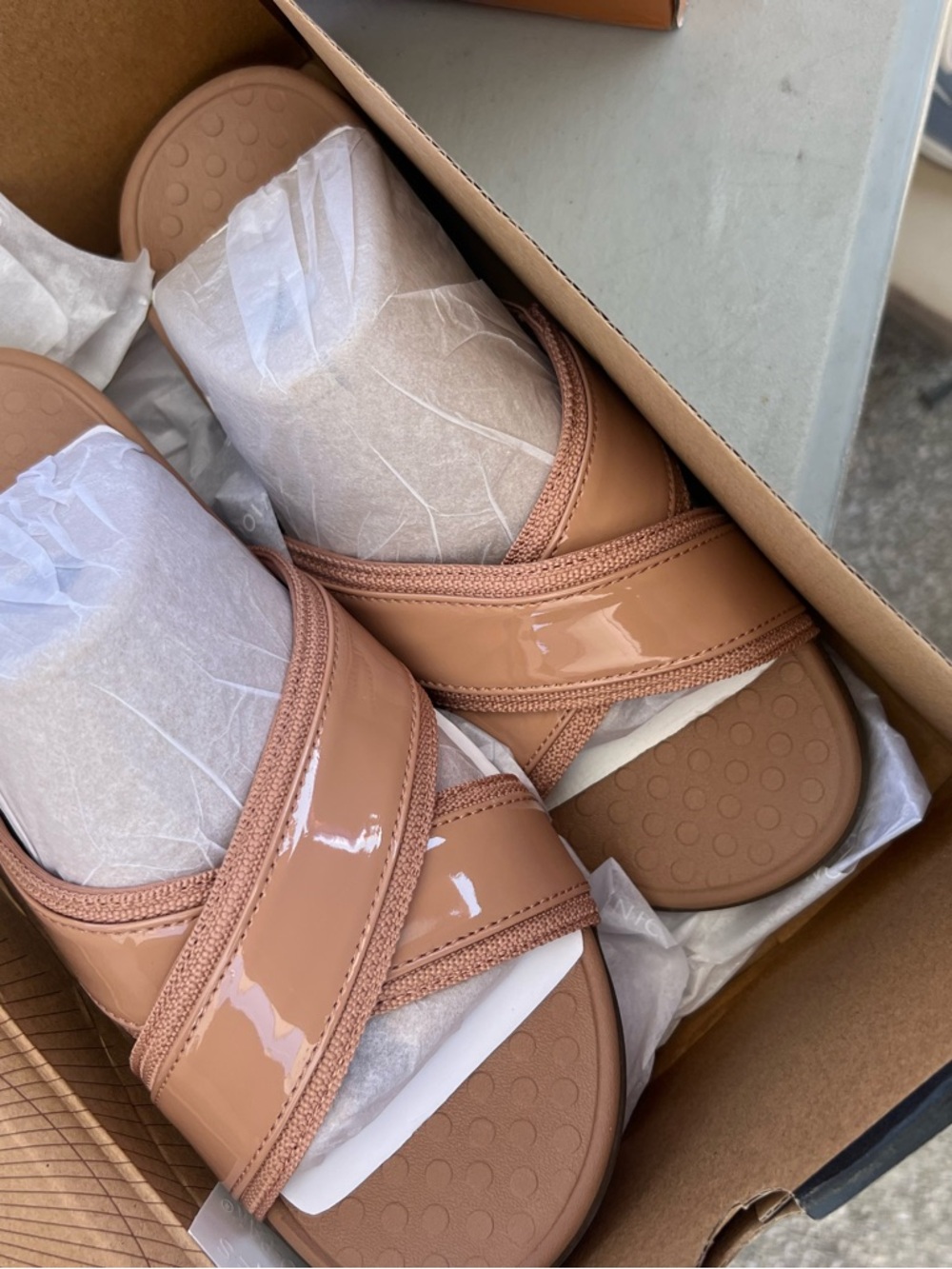 Vionic Nude Patent Cross-Band Slide Sandals